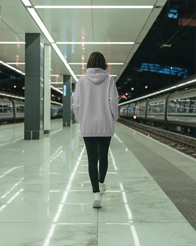 Hoodie Mockup On Woman Walking In Subway Terminal With Bright Lights And Minimalist Urban Look 0786