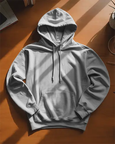 Sunlit Desk Hoodie Mockup Laid Flat On Wooden Surface With Shadow Lines In Warm Natural Light 0791