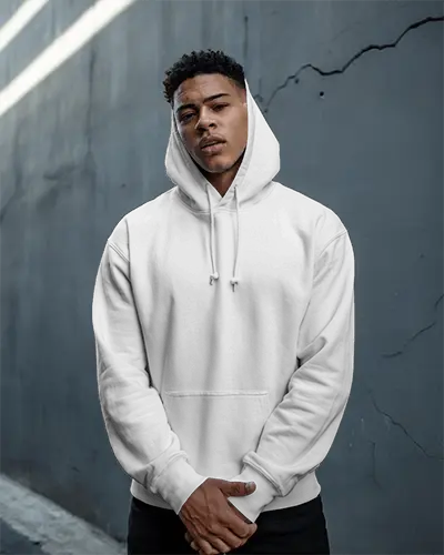 Urban Street Hoodie Mockup Male Model Standing Against Cracked Wall In Natural Side Light 0800