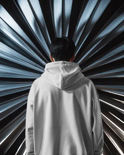 Urban Edge Hoodie Mockup Back View Man In Hoodie Under Stylized Metallic Light Rays