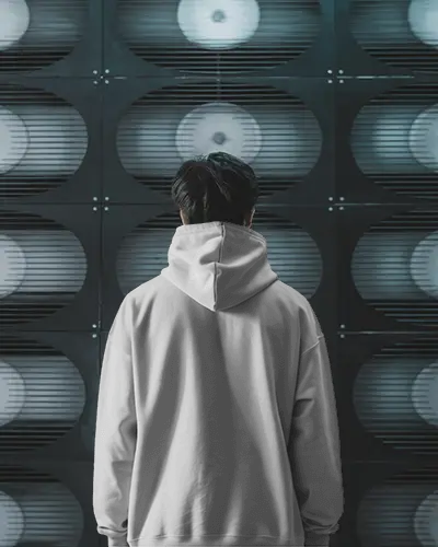 Tech Inspired Hoodie Mockup Male Model Back View Industrial Vent Grid In Dark Urban Setting