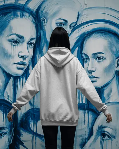 Back View Hoodie Mockup In Front Of Expressive Graffiti Mural With Hand Painted Faces In Blue