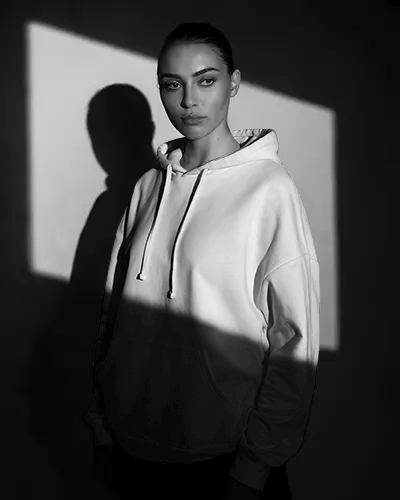 Cinematic Black And White Hoodie Mockup With Strong Rectangular Light And Intense Expression