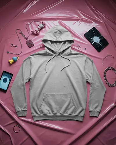 Flatlay Hoodie Mockup On Glossy Pink Sheet Background With Edgy Accessories And Broken Smartphones