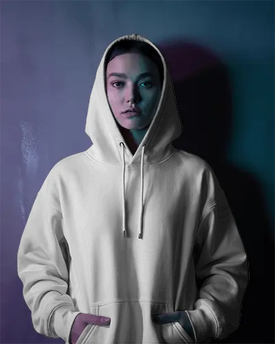 Urban Streetwear Hoodie Flat Front View With Hood Up And Hands In Pockets For Fashion