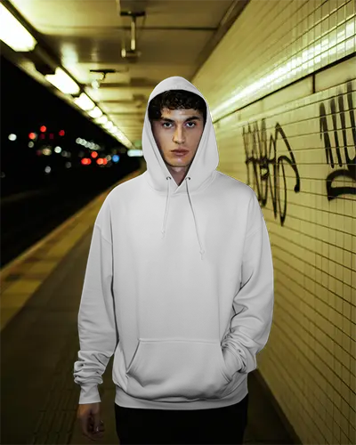Night Subway Scene Hoodie Mockup Young Man Wearing Hood In Dimly Lit Underground Pass