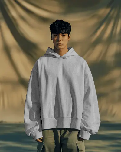 Cinematic Hoodie Mockup Asian Korean Model In Oversized Fit With Soft Draped Studio Backdrop