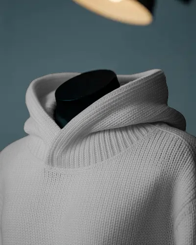 Spotlighted Knit Hoodie Mockup Luxury Texture Closeup On Mannequin Against Dark Blue