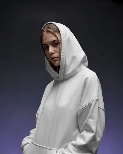 Moody Studio Hoodie Mockup Female Model In Oversized Fit With Hood Up Against Gradient Background