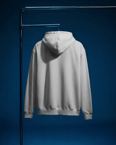 Clean Studio Hoodie Mockup Back View On Hanger Against Deep Blue Background Minimal Display