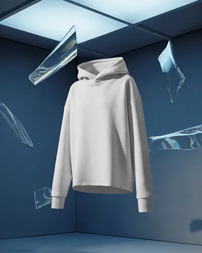Futuristic Studio Hoodie Mockup Floating In Geometric Room With Transparent Glass Shards Suspende