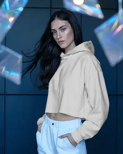 Crystal Light Cropped Hoodie Mockup Female With Flowing Hair And Prism Shapes