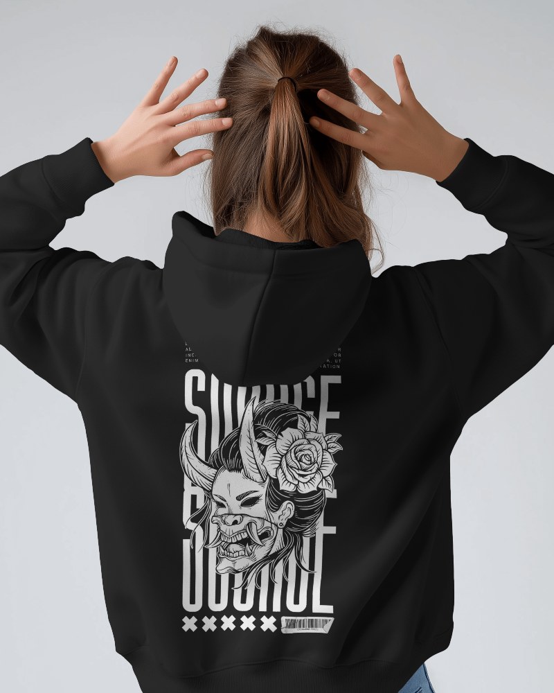 Casual Hand On Head Back Print Hoodie Mockup