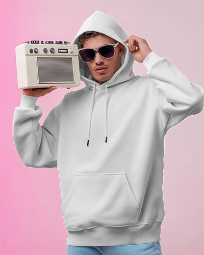 Retro Vibe Hoodie Mockup With Radio In Pink Background
