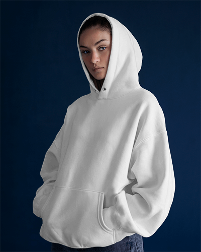 Casual White Hoodie Front Mockup With Navy Backdrop