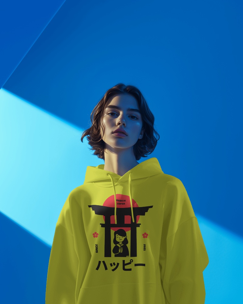 Bold Blue Geometric Backdrop Hoodie Mockup With Focused Studio Lighting
