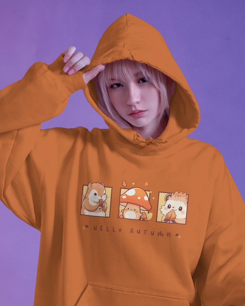 Purple Background Hoodie Mockup With Female Model Posing With Hood Up Stylish And Modern Look