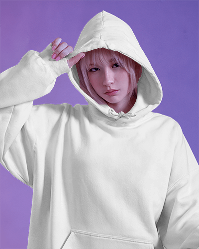 Purple Background Hoodie Mockup With Female Model Posing With Hood Up Stylish And Modern Look