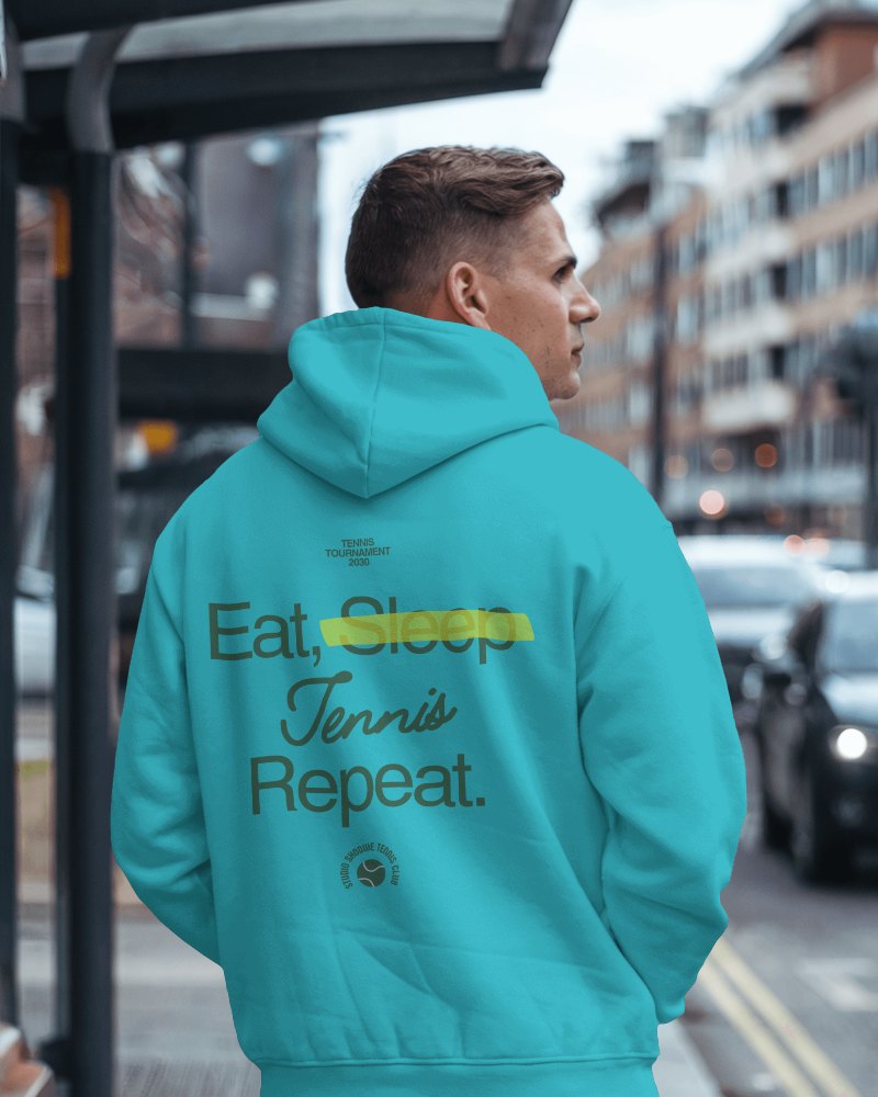 Urban Back View Hoodie Mockup Male Model With Hood Up Street Background Capturing City Vibe In Daylight