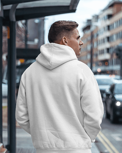 Urban Back View Hoodie Mockup Male Model With Hood Up Street Background Capturing City Vibe In Daylight