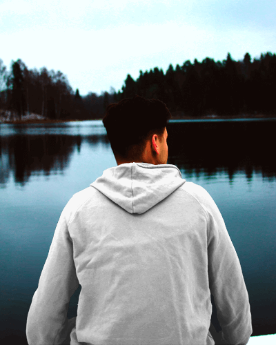 Hoodie Back View Mockup Of Man Sitting On Lake