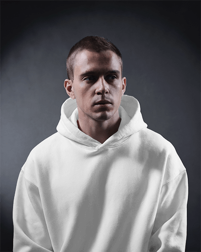 Male Model Hoodie Mockup Realistic Portrait Under Soft Lighting