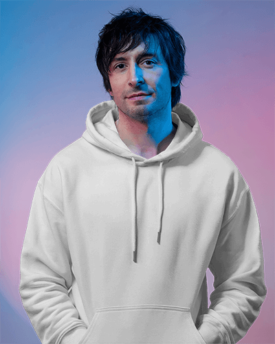 Dynamic Color Gradient Hoodie Mockup Young Man In Moody Lighting Vibrant Ambiance