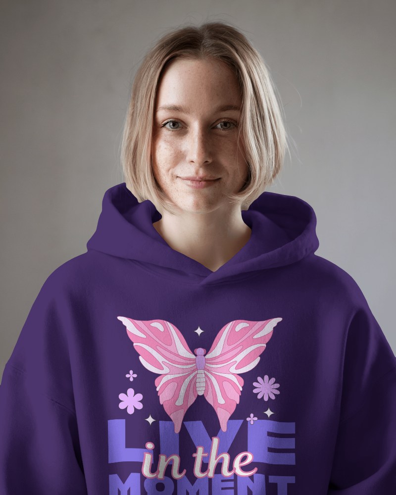 Natural Light Hoodie Mockup Young Woman Smiling In Soft Daylight Soft Grey Tones