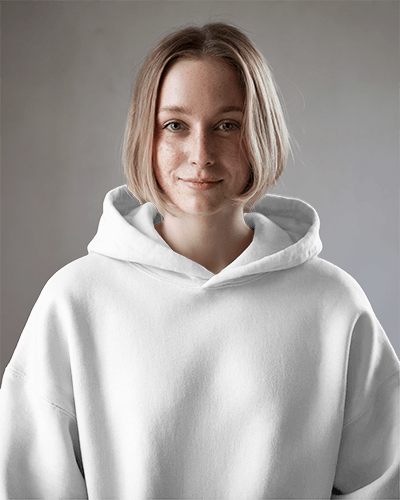 Natural Light Hoodie Mockup Young Woman Smiling In Soft Daylight Soft Grey Tones