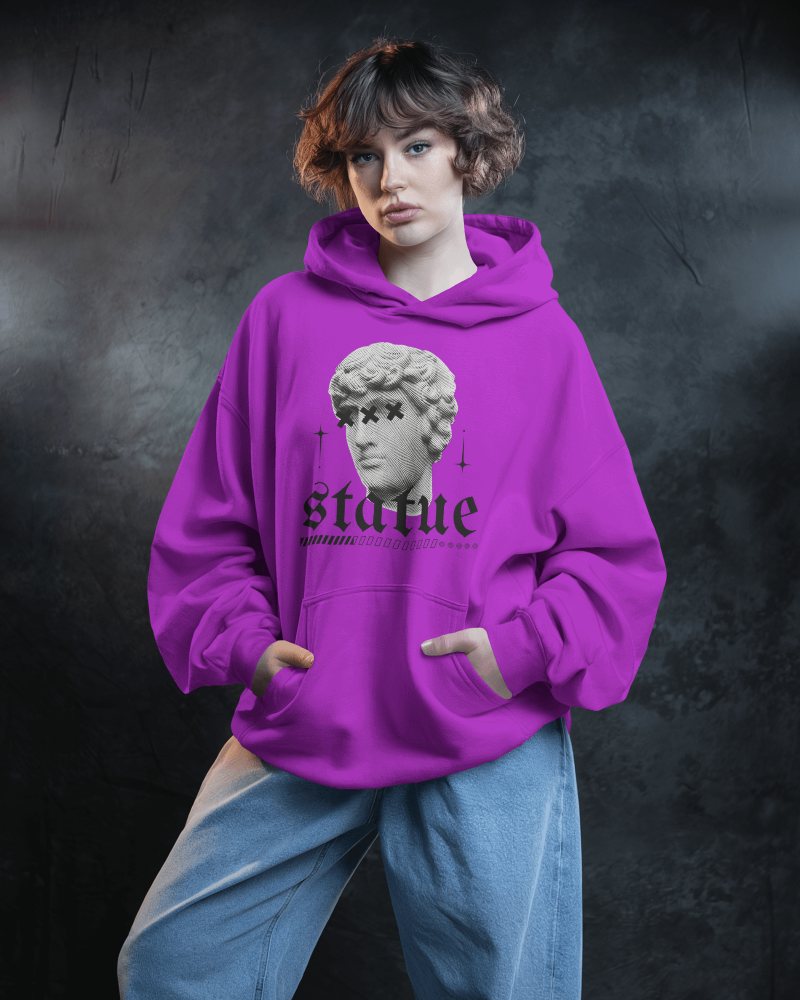 Moody Studio Hoodie Mockup Female Model Hands In Pocket Dark Backdrop