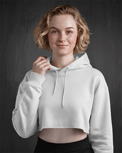 Cropped Hoodie Mockup Female Model Smiling Against Dark Background Chic And Modern Vibe