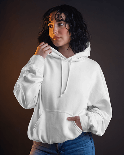 Dynamic Studio Hoodie Mockup Dark Haired Female Model Posing With Hand On Collar Confident Look