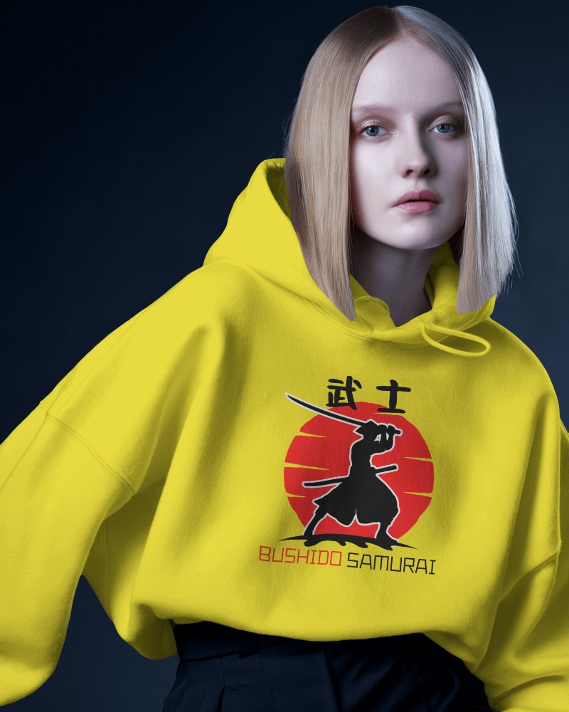 Moody Lighting Hoodie Mockup Blonde Model With Long Hair Gazing At Camera Modern And Elegant