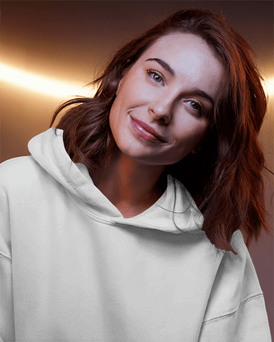 Neon Vibes Hoodie Mockup Female Model With Red Hair Against Pink And Purple Lighting Modern Look