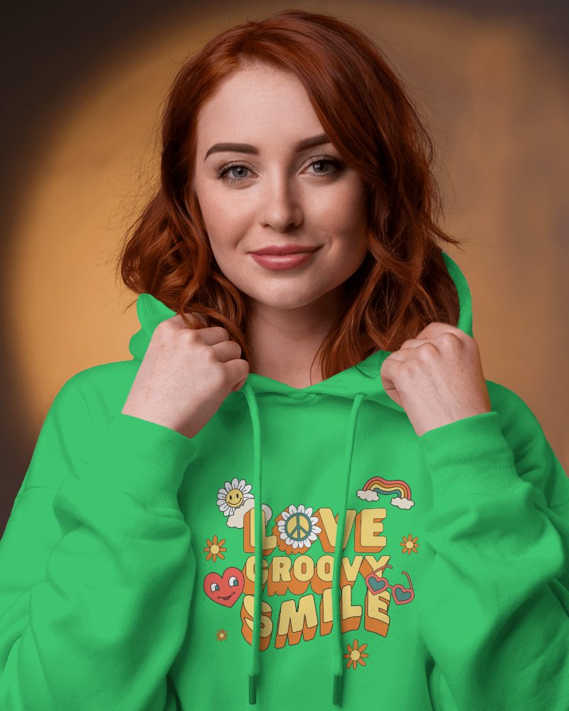 Warm Lighting Hoodie Mockup Female Model With Red Hair And Gentle Smile Closeup Shot