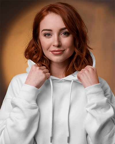 Warm Lighting Hoodie Mockup Female Model With Red Hair And Gentle Smile Closeup Shot