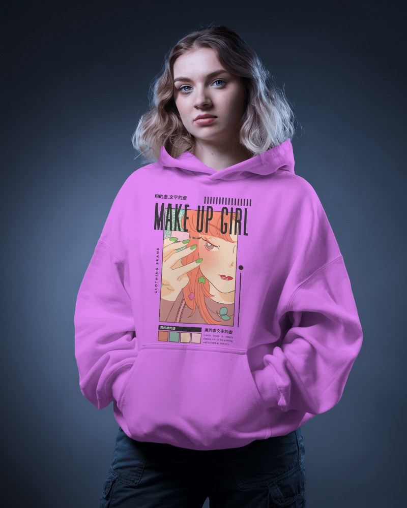 Studio Portrait Hoodie Mockup Female Model With Curly Hair Soft Dark Blue Background