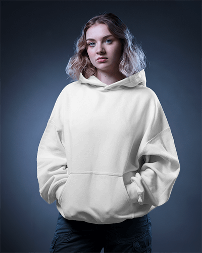 Studio Portrait Hoodie Mockup Female Model With Curly Hair Soft Dark Blue Background