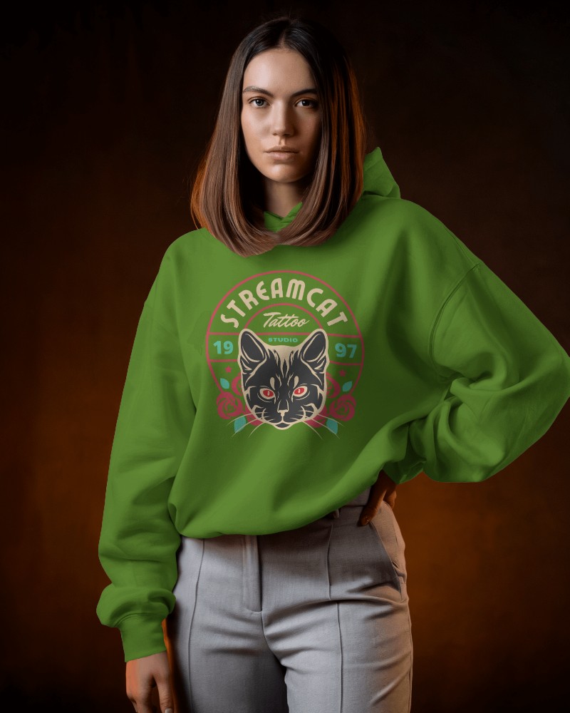 Warm Toned Hoodie Mockup Female Model In Neutral Background With Confident Look Modern Style