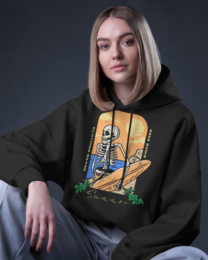 Relaxed Pose Hoodie Mockup Female Model With Long Hair In Studio Setting With Moody Lighting
