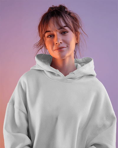 Warm Glow Hoodie Mockup Female Model Smiling Against Soft Purple Gradient Background