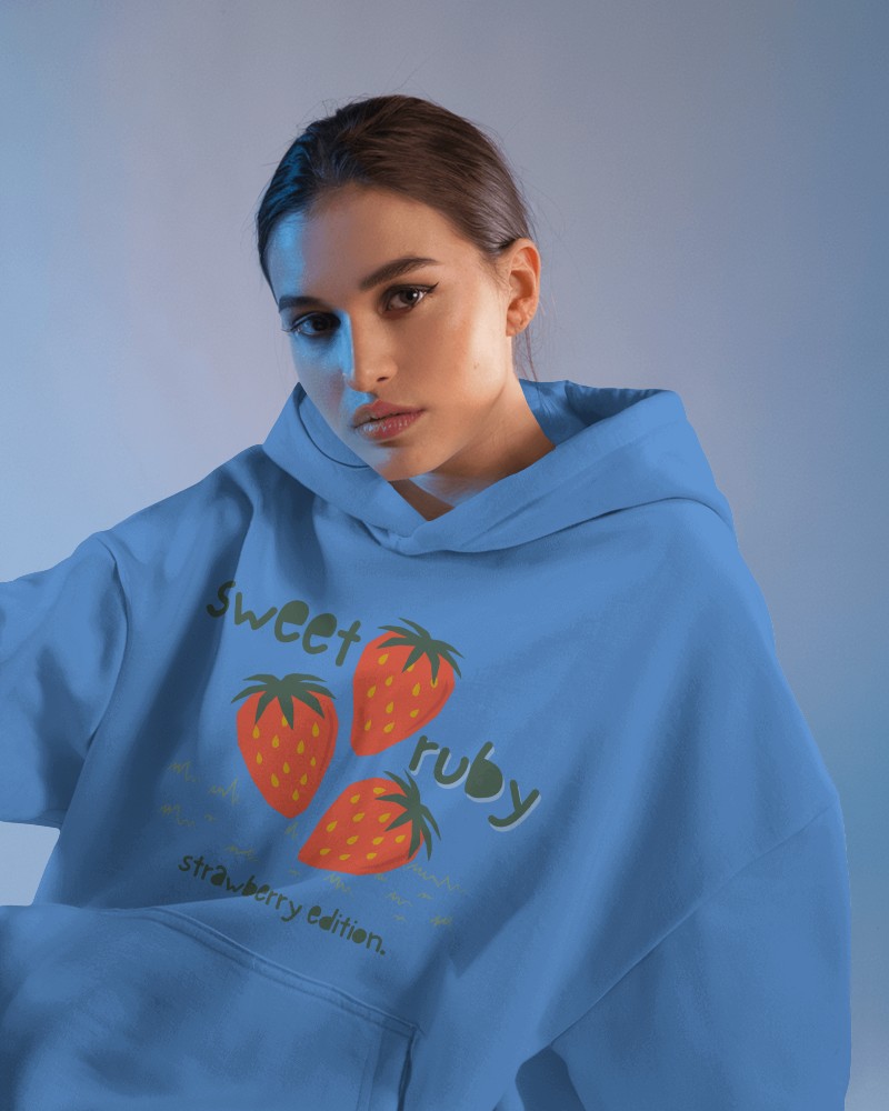 Soft Light Hoodie Mockup Female Model In Relaxed Pose Against Cool Blue Gradient