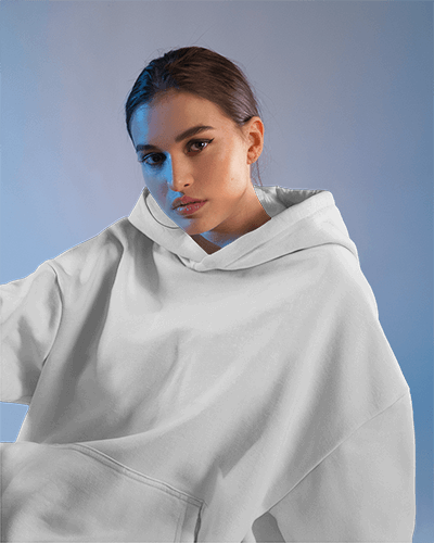 Soft Light Hoodie Mockup Female Model In Relaxed Pose Against Cool Blue Gradient
