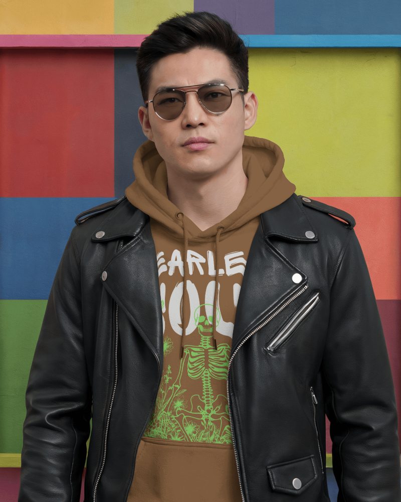 Urban Cool Hoodie Mockup Male Model In Black Leather Jacket Against Colorful Wall