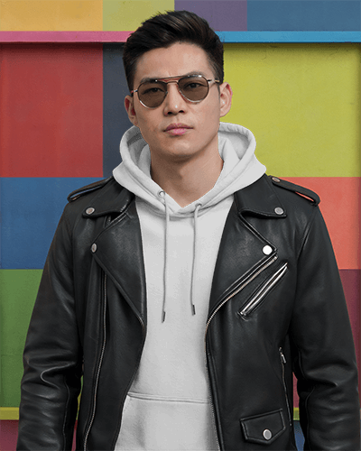 Urban Cool Hoodie Mockup Male Model In Black Leather Jacket Against Colorful Wall
