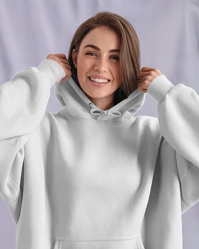 Streetwear White Hoodie Mockup Female Model Colorful Graphic Wall Background Sporty Vibe