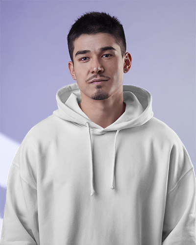 Classic White Hoodie Mockup Female Model Smiling With Relaxed Comfort Fit Indoor Look