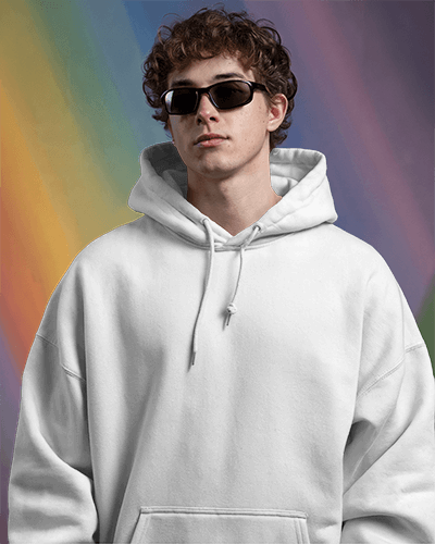 Vibrant Backdrop White Hoodie Mockup Male Model With Colorful Urban Setting Modern Feel