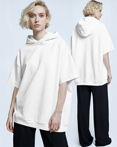 Minimalist White Hoodie Mockup Male Model Looking Forward With Natural Light Soft Backdrop