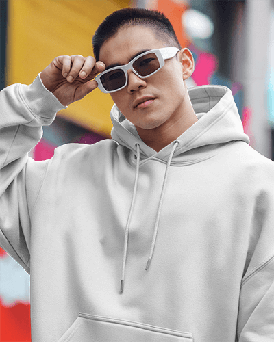 Chic White Hoodie Mockup Female Model Close Up On Casual Design Outdoor Vibe